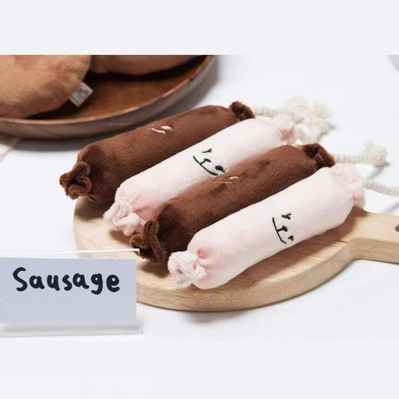 Plush Dog Chew Toys with Squeakers Inside and with Innovative Design of Bread or Sausage Shape