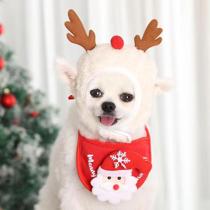 5 Pcs Christmas Dog Pet Costume： 2 Christmas Tree Hat Small Dog Headgear + 2 Santa Elf Dog/ Cat Bib+1 Deer Antler Hat， For Xmas Dog or Cat Outfit Clothing Party or other celebration occasions.