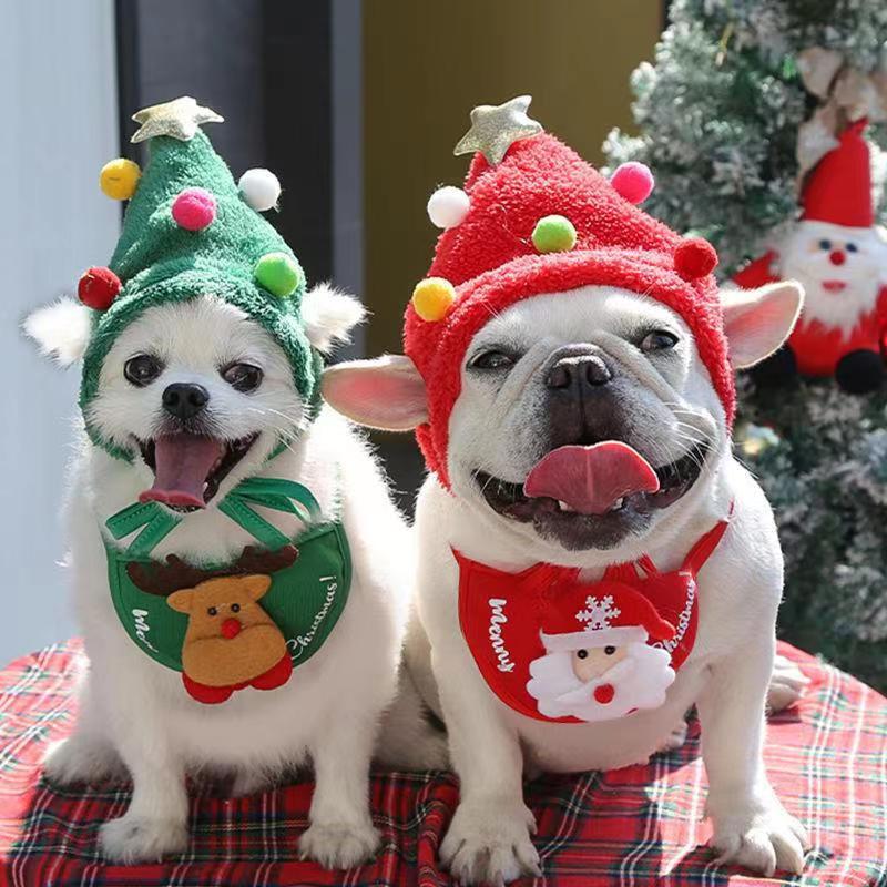 5 Pcs Christmas Dog Pet Costume： 2 Christmas Tree Hat Small Dog Headgear + 2 Santa Elf Dog/ Cat Bib+1 Deer Antler Hat， For Xmas Dog or Cat Outfit Clothing Party or other celebration occasions.